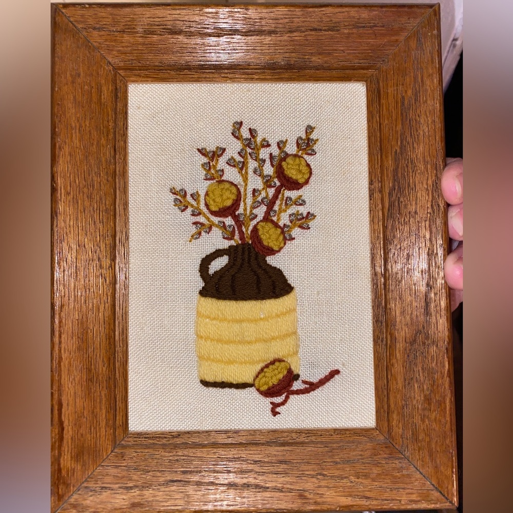 •VINTAGE CREWEL ART IN WOOD FRAME•